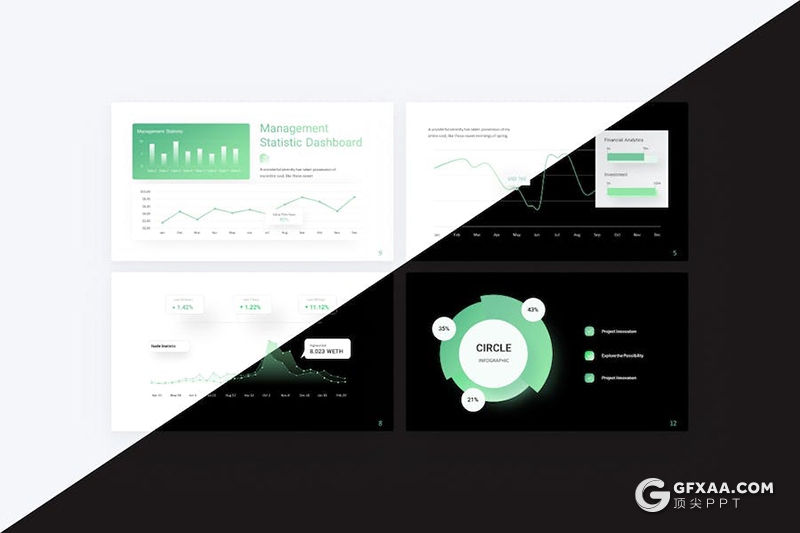 绿色仪表盘折线图数据分析图形图表keynote模板 - 顶尖PPT