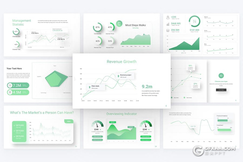 绿色仪表盘折线图数据分析图形图表keynote模板 - 顶尖PPT