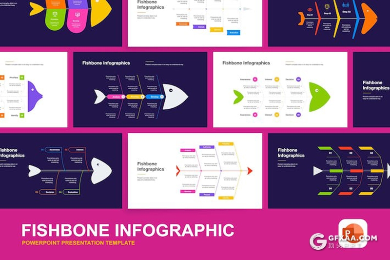 41页创意彩色扁平化鱼骨信息图形图表PPT模板 - 顶尖PPT