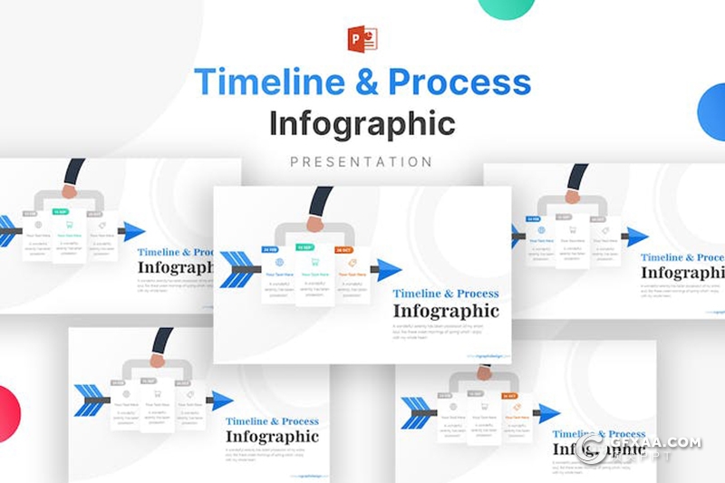6页企业发展史时间轴图形箭头指向图形PPT模板 - 顶尖PPT