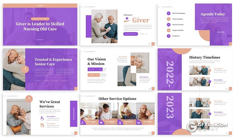 30页养老院介绍宣传家庭式护理关爱老年人活动通用国外PPT模板6种配色2款尺寸 - 顶尖PPT