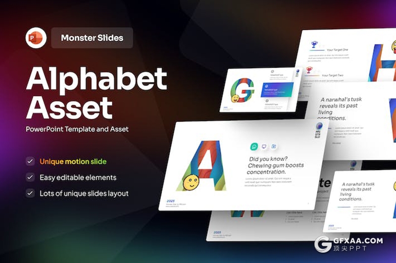 26页创意26个字母表表情包数据资源展示图形图表PPT模板 - 顶尖PPT