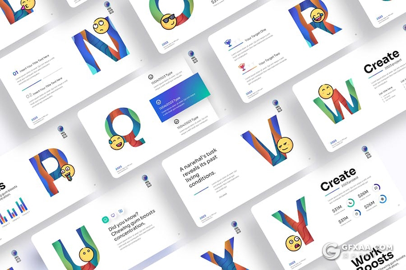 26页创意26个字母表表情包数据资源展示图形图表PPT模板 - 顶尖PPT