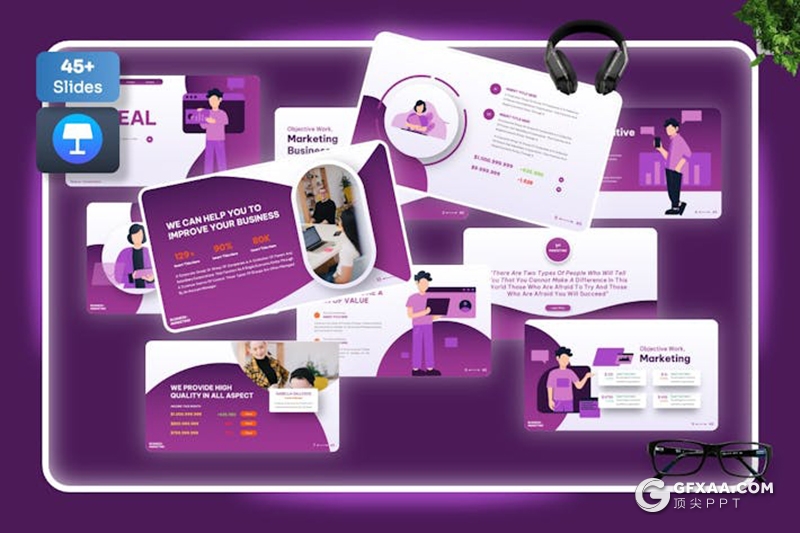 紫色大气市场营销年计划总结汇报策略人物插画多用途国外keynote模板 - 顶尖PPT