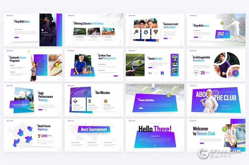 65页俱乐部网球羽毛球体育运动主题国外PPT模板 - 顶尖PPT