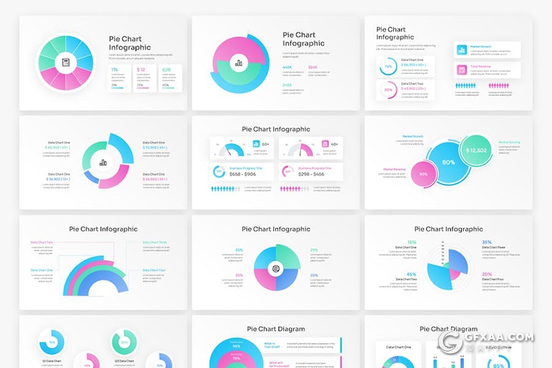 20页饼图渐变信息图图形图表PPT模板 - 顶尖PPT