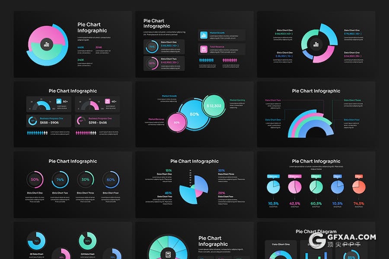 20页饼图渐变信息图图形图表PPT模板 - 顶尖PPT