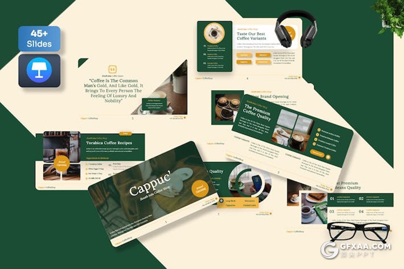 45页咖啡厅品牌介绍宣传咖啡宣传调研多用途国外keynote模板 - 顶尖PPT