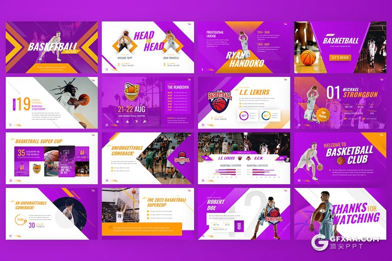 50页创意篮球比赛体育运动介绍国外PPT模板 - 顶尖PPT