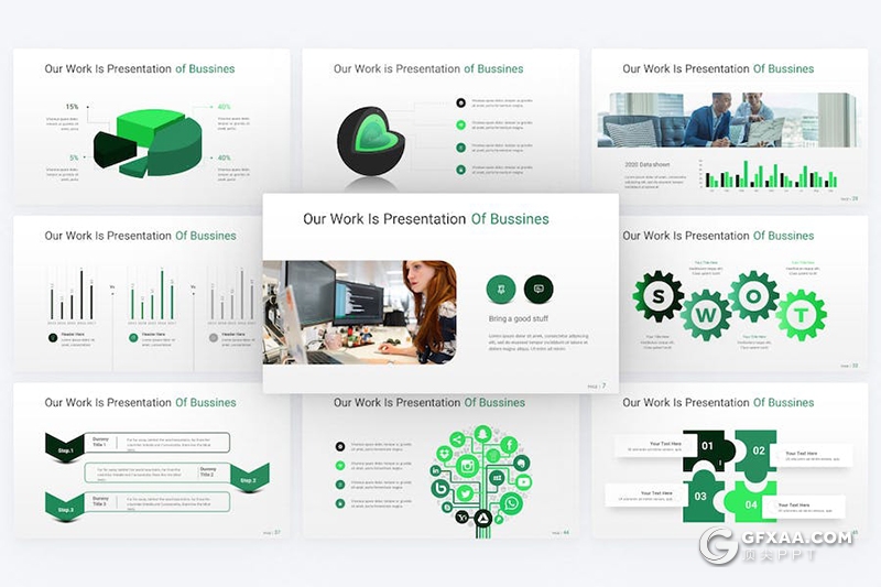 50页绿色创意企业合作业务介绍商业计划多用途国外PPT模板 - 顶尖PPT