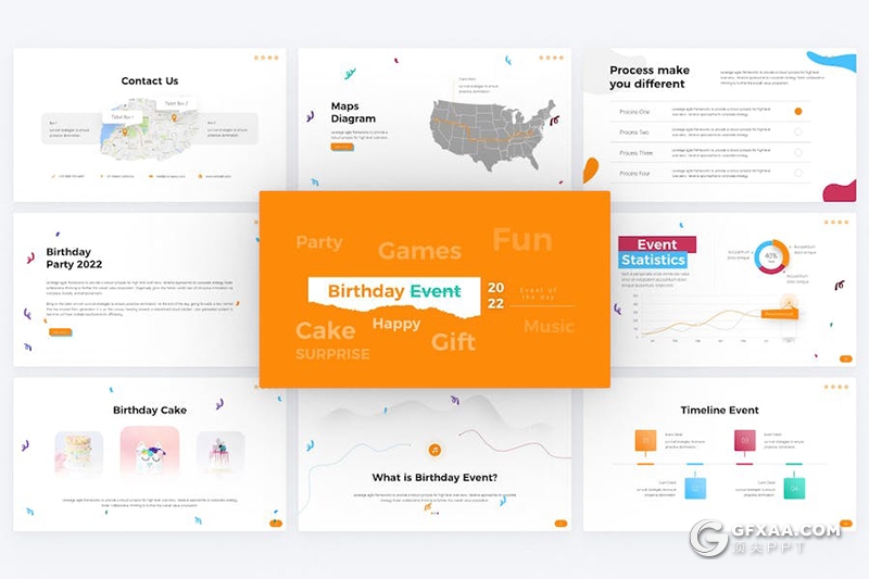 80页橙色创意生日派对国外PPT模板 - 顶尖PPT