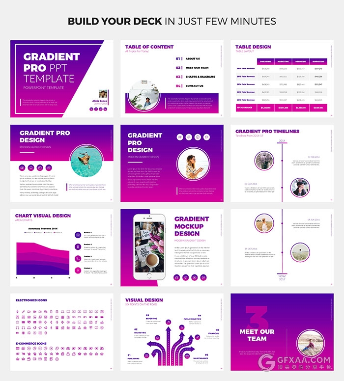 精美渐变色系商务通用PPT模板6种配色模板 - 顶尖PPT