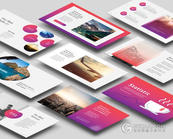 138页紫红色渐变色系精美图形图标PPT模板 - 顶尖PPT