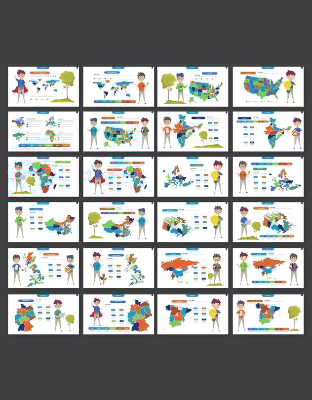 彩色插画世界各国地图Powerpoint模板 - 顶尖PPT