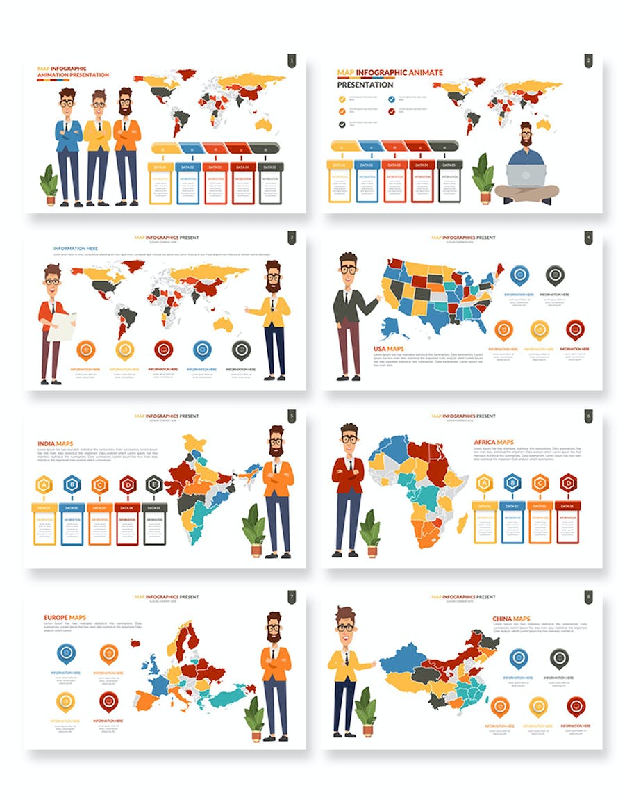 人物插画世界国家地图可编辑keynote模板 - 顶尖PPT
