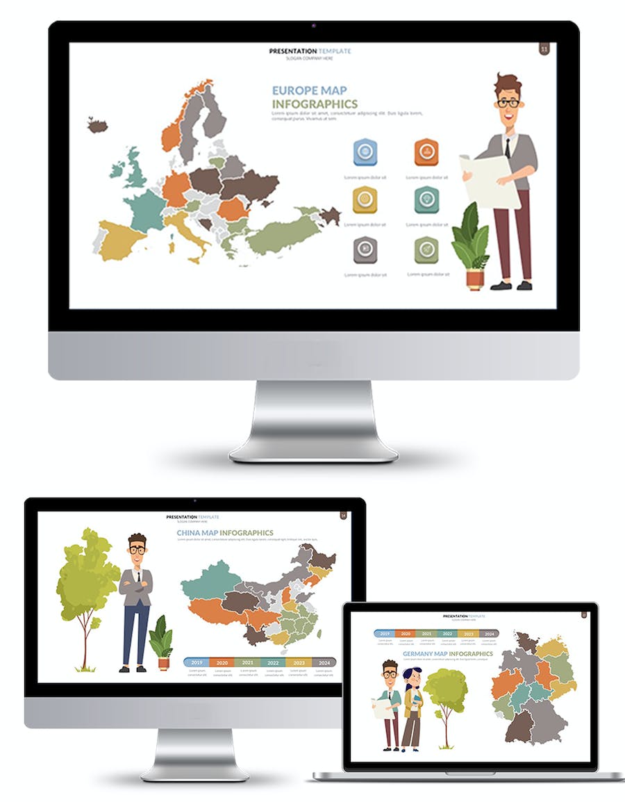 人物插画世界国家地图可编辑PPT模板 - 顶尖PPT