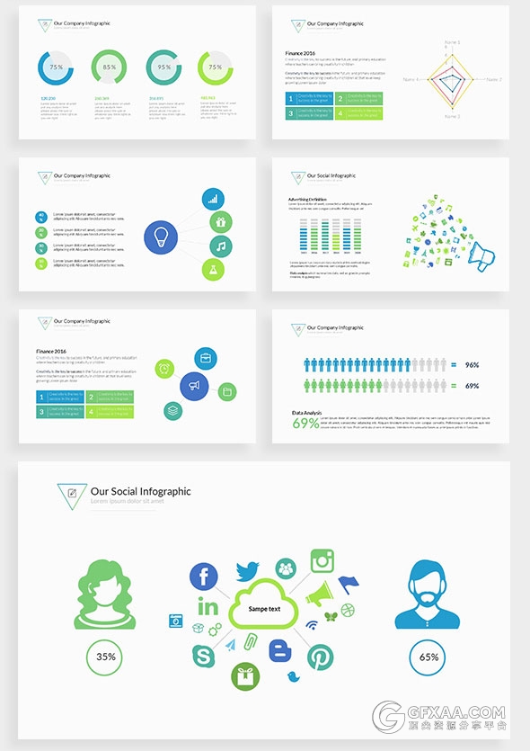 140多页蓝绿搭配色系商务通用PPT模板 - 顶尖PPT
