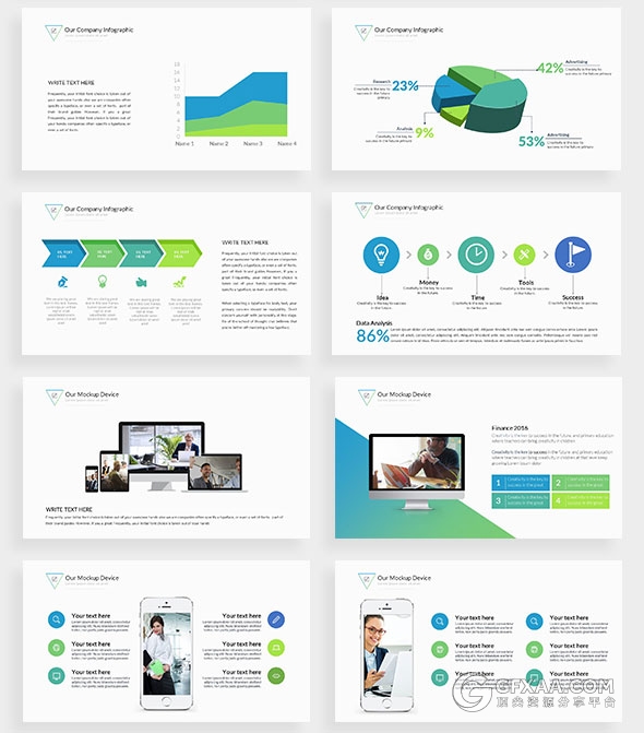 140多页蓝绿搭配色系商务通用PPT模板 - 顶尖PPT