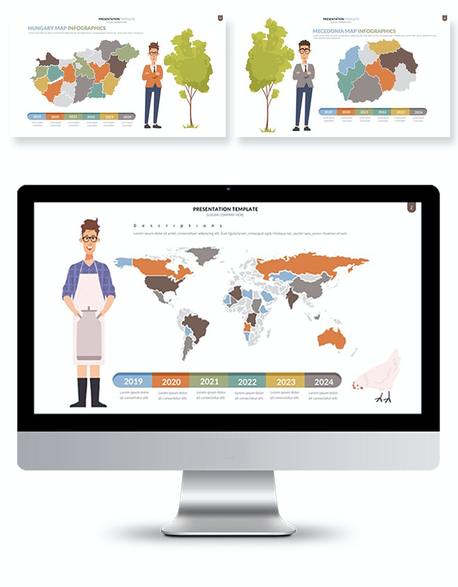 人物插画世界国家地图可编辑PPT模板 - 顶尖PPT