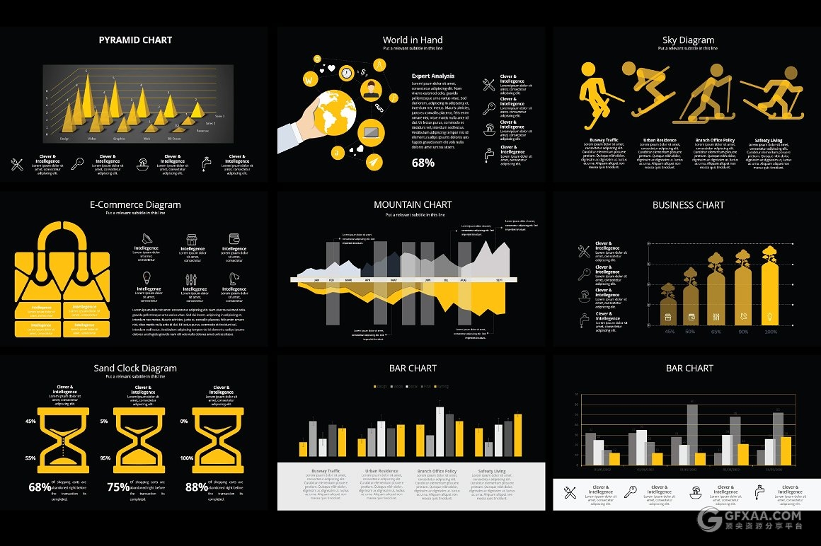 94页黑黄搭配商务艺术风格PPT模板 - 顶尖PPT