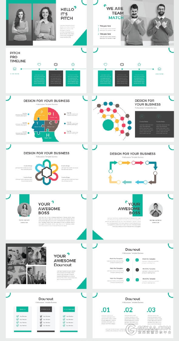 3种配色创意图形103页商务风格PPT模板 - 顶尖PPT