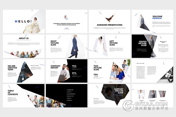 113简约多边形切割组合商务PPT模板 - 顶尖PPT