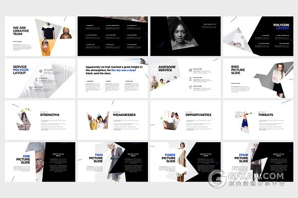 113简约多边形切割组合商务PPT模板 - 顶尖PPT