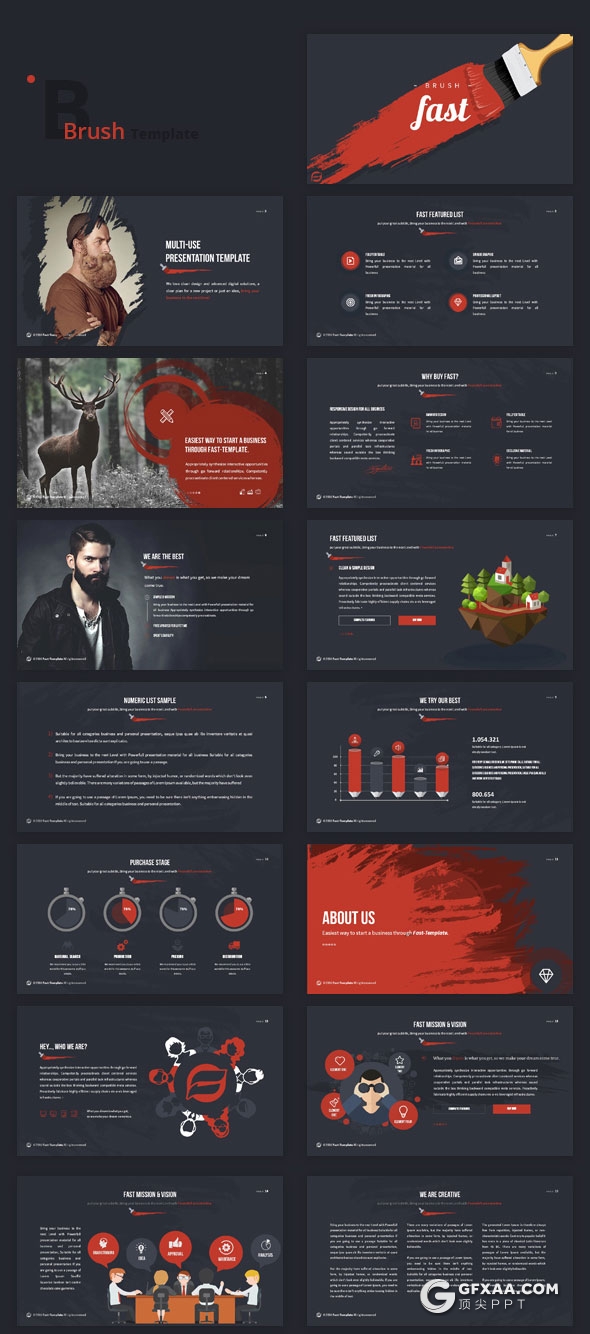 5种配色32页笔刷效果多用途PPT模板 - 顶尖PPT