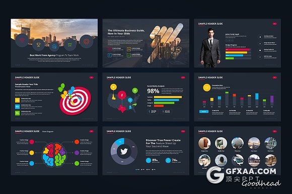 123页彩色图形图表深色底高逼格PPT模板 - 顶尖PPT