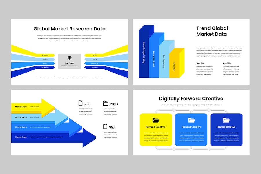 蓝黄色箭头条形圆形数据信息图keynote模板 - 顶尖PPT