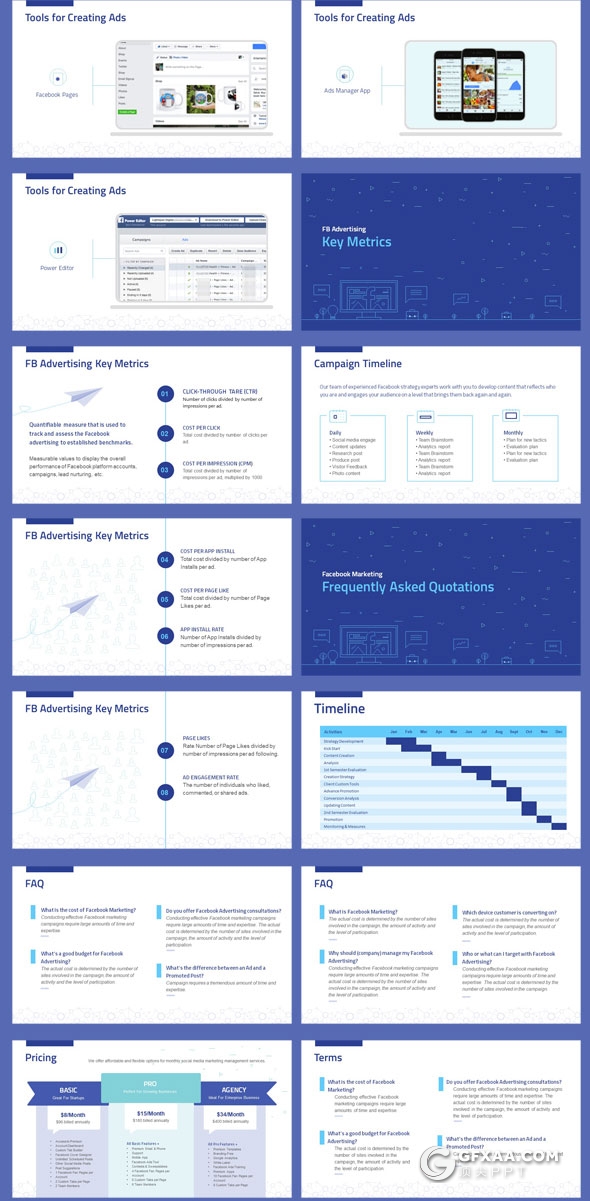 170页7种配色互联网公司Facebook营销报告PPT模板 - 顶尖PPT
