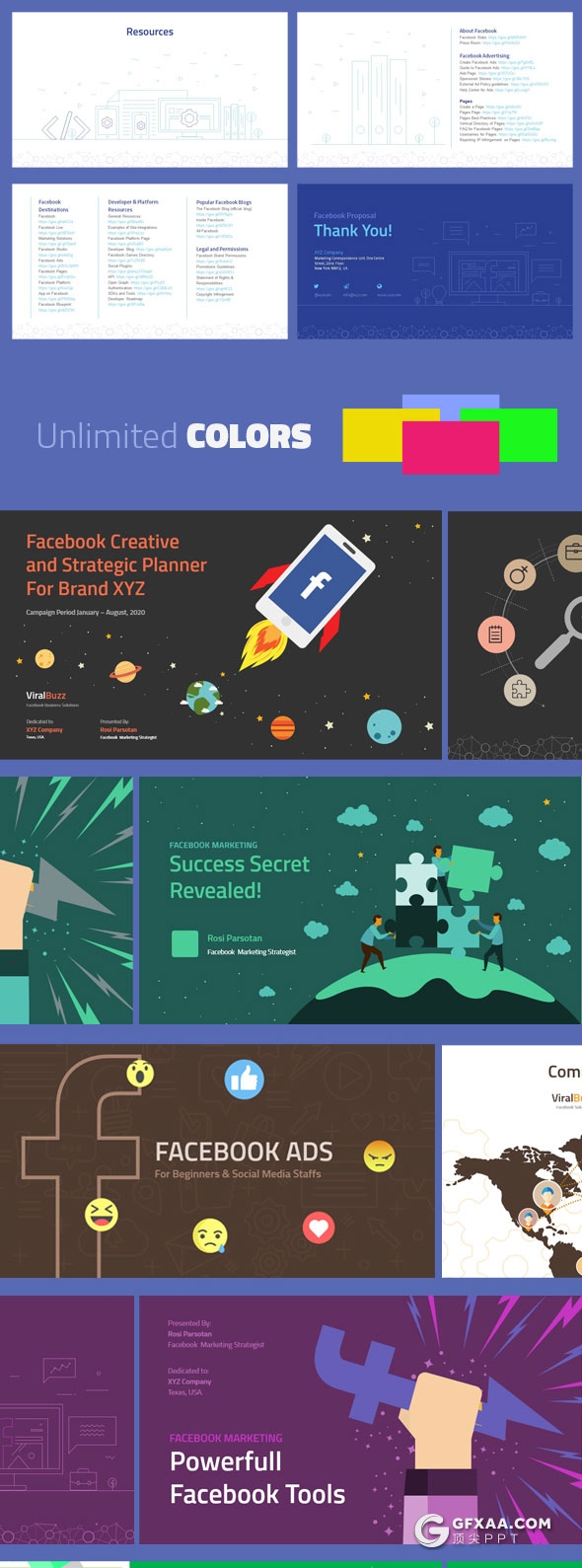170页7种配色互联网公司Facebook营销报告PPT模板 - 顶尖PPT