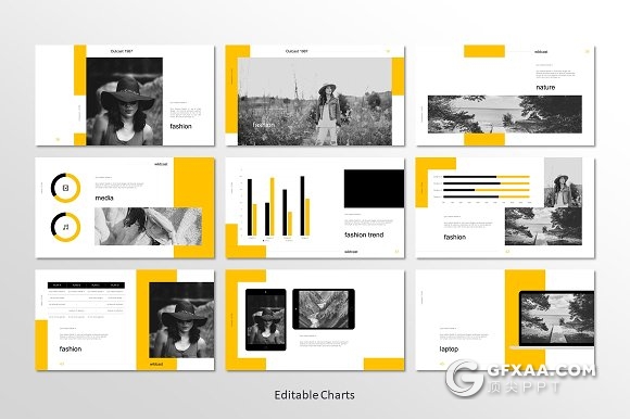 51页简约黄色边框通用PPT模板7种配色主题 - 顶尖PPT