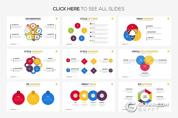 69页圆形环绕信息图形图表PPT模板 - 顶尖PPT