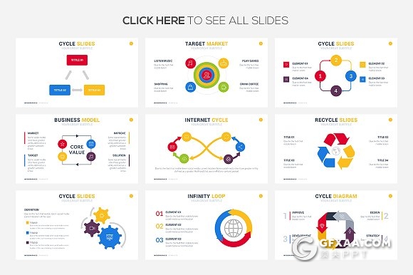 69页圆形环绕信息图形图表PPT模板 - 顶尖PPT