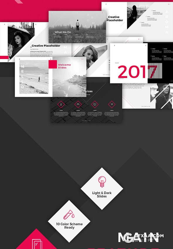 57页创意图形组合艺术风格PPT模板10种配色主题 - 顶尖PPT