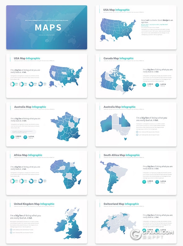35页多个国家地图PPT图形素材 - 顶尖PPT
