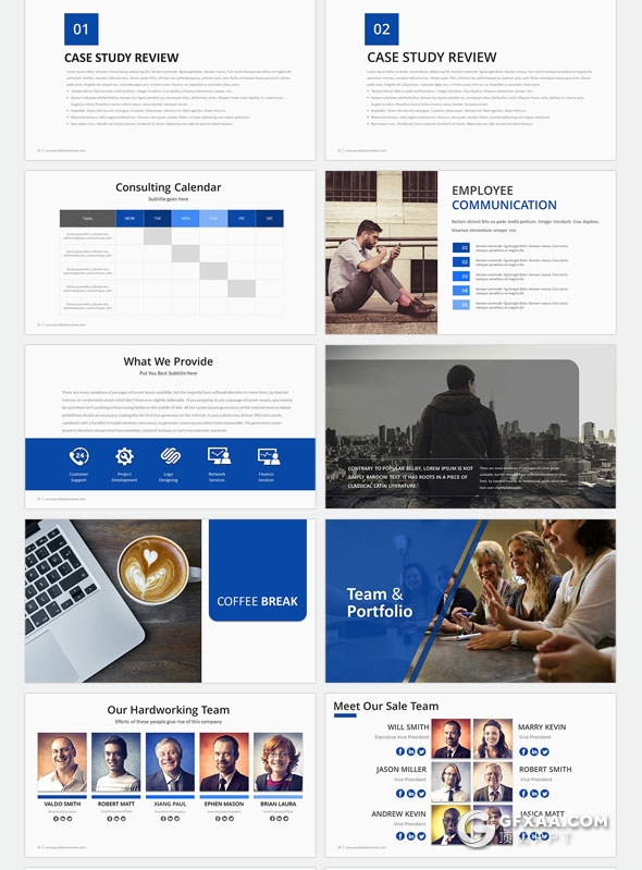 46页蓝色商务团队介绍工作总结PPT模板 - 顶尖PPT