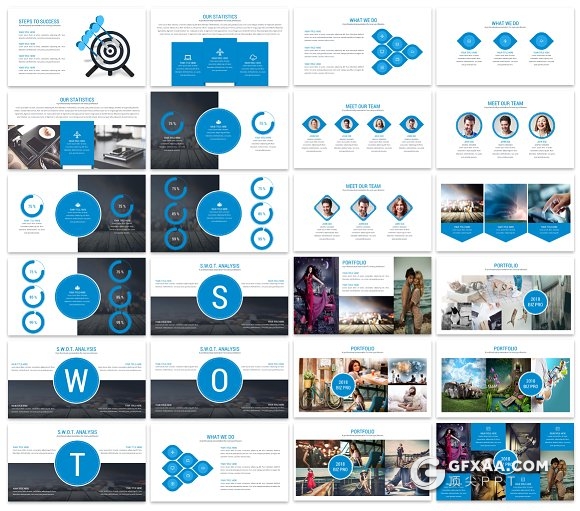 102页蓝色多种图形图表大合集PPT模板 - 顶尖PPT