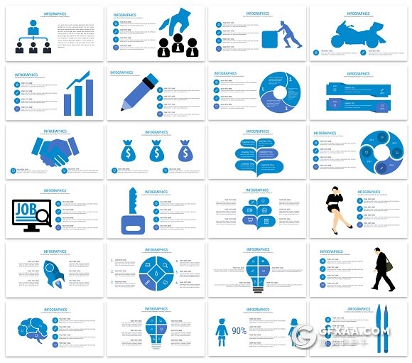 102页蓝色多种图形图表大合集PPT模板 - 顶尖PPT