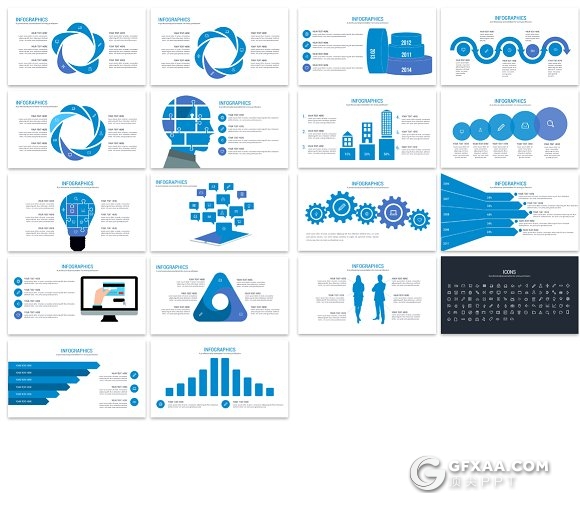 102页蓝色多种图形图表大合集PPT模板 - 顶尖PPT