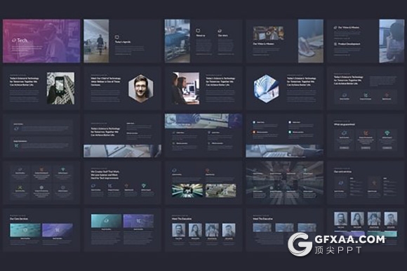 50页深色背景技术展示介绍PPT模板 - 顶尖PPT