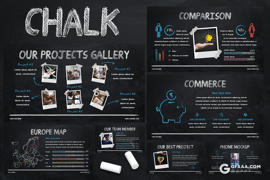 60多页黑白粉笔手绘风格商务PPT模板 两种尺寸比例 - 顶尖PPT