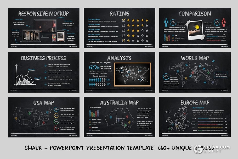60多页黑白粉笔手绘风格商务PPT模板 两种尺寸比例 - 顶尖PPT