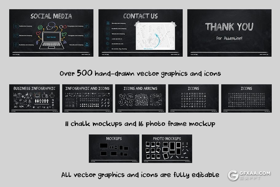 60多页黑白粉笔手绘风格商务PPT模板 两种尺寸比例 - 顶尖PPT