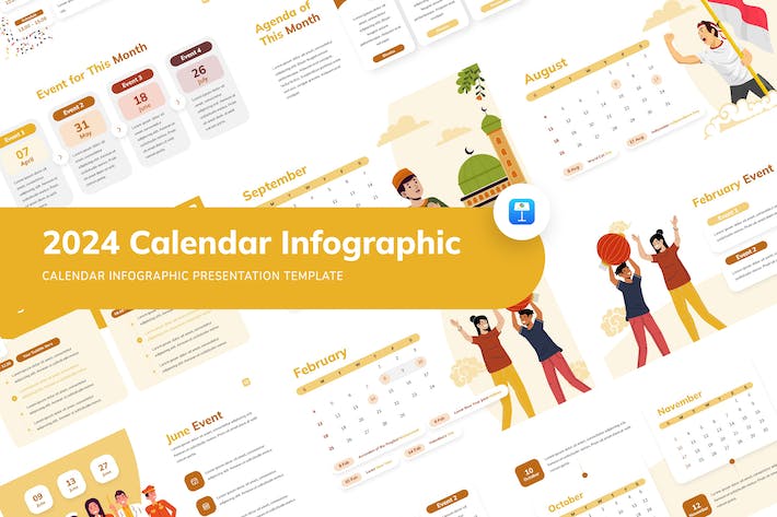 2024日历月份节日人物插画keynote模板 - 顶尖PPT
