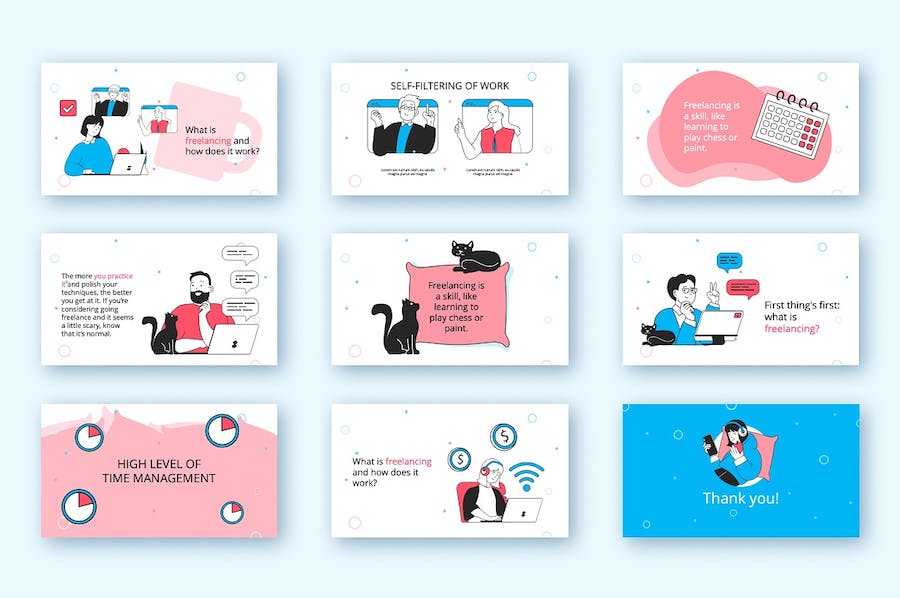 创意人物插画自由职业人主题PPT模板 - 顶尖PPT