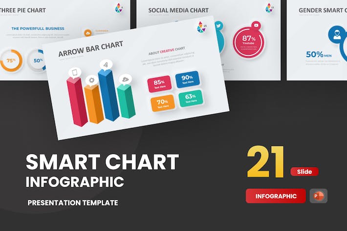 彩色微立体风格智能数据图表环形柱形折线图PPT模板 - 顶尖PPT