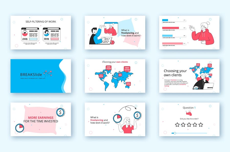 创意人物插画自由职业人主题PPT模板 - 顶尖PPT