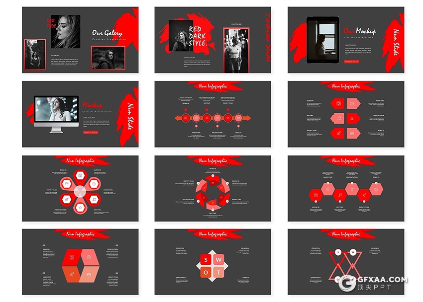 30页创意泼墨笔刷效果通用keynote模板 5种主题配色 - 顶尖PPT